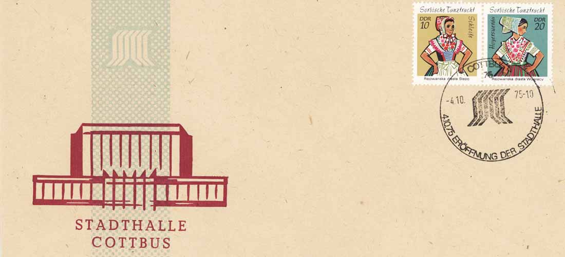 Erstagsbrief zur Eröffnung der Stadthalle 1975 in Cottbus