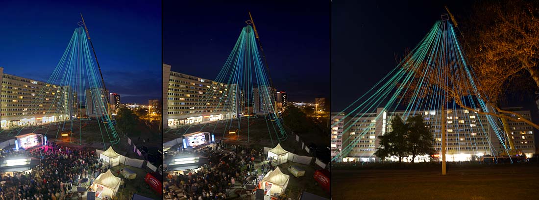 Bild Nr. p10151_2017 - Rund 400 Cottbuser verfolgten die Lichtinzenierungischwebend-leuchtende Lichtkunstinstallation in Europa! Die Lichtkunstperformance hatte thematisch einen Bezug zum Thesenanschlag Luthers vor 500 Jahren. Es wu Sola Scriptura des Cotttbuser Licht-Künstlers Jörn Hanitzsch. Mit 95 m Höhe war es die höchste freischwebend-leuchtende Lichtkunstinstallation in Europa! Die Lichtkunstperformance hatte thematisch einen Bezug zum Thesenanschlag Luthers vor 500 Jahren. Es wurden 4560 m selbstleuchtende Lichtmaterialien verbaut.