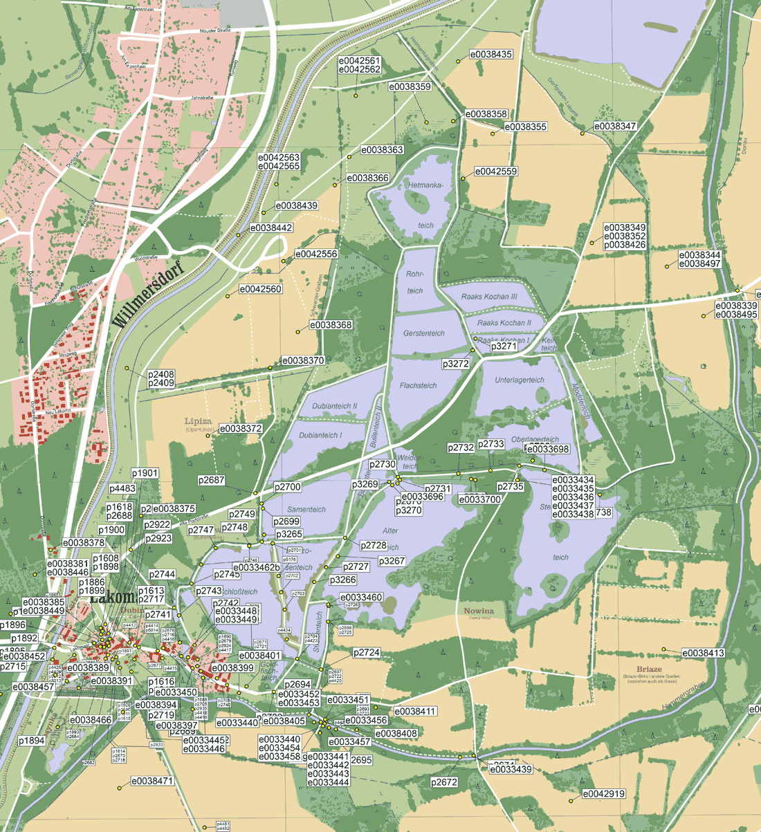 Der devastierte Cottbuser Ortsteil Lakoma mit seinem schützenswerten Teichgebiet etwa um 1992 mit eingezeichneter Lage der fotografischen Arbeiten
