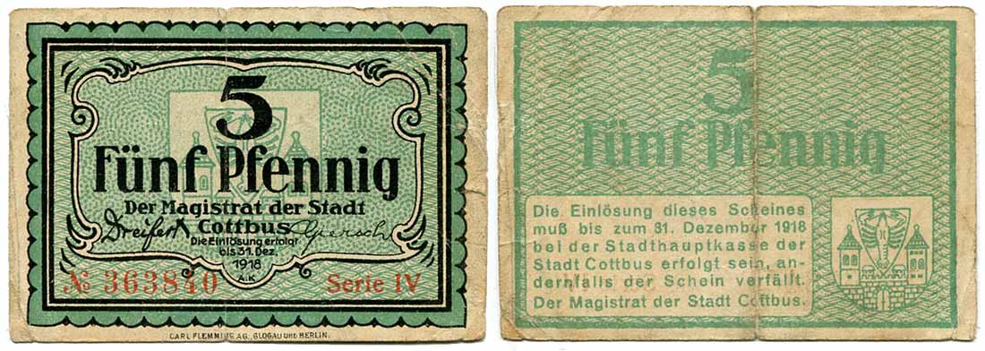 Notgeld Cottbus, 5 Pfennig